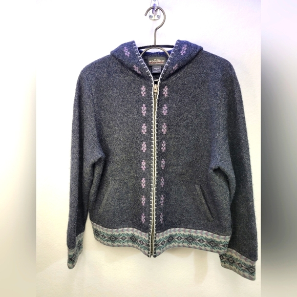 WOOLRICH Heather Gray 100% Wool Ladder Stitched Zip Hoodie Cardigan Size Large - Picture 1 of 10